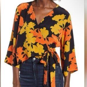 TOPSHOP Floral 3/4 Sleeve Wrap Blouse Top Size 4